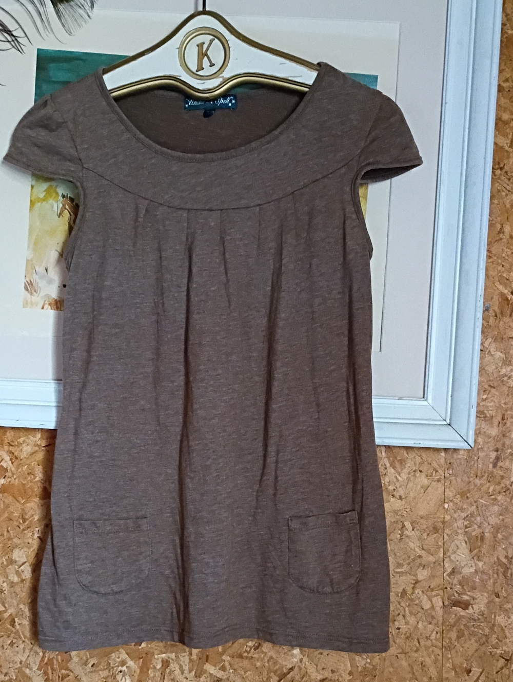 Women’s Brown Short-Sleeve Tunic with Pockets Comfortable Soft Casual Cool